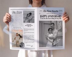 a man and woman holding up a newspaper with photos on it that says, happy anniversary you're the best thing in my life