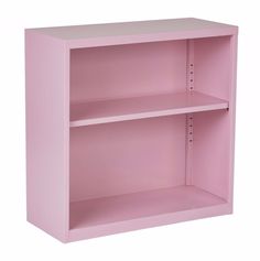 a pink bookcase with two shelves on each side and one shelf above the other