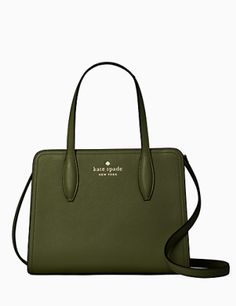 8"h x 10"w x 3.5"dhandle drop: 5"strap drop: 22"pebbled leathermetal pinmount logointerior front slip & back zip pocketdrop in top zip closurestyle # wkr00633Color: Enchanted Green Classic Pebbled Leather Bags For Fall, Classic Fall Pebbled Leather Bags, Classic Pebbled Leather Shoulder Bag For Fall, Classic Fall Pebbled Leather Shoulder Bag, Rectangular Saffiano Leather Satchel, Purse Essentials, Small Tops, Lunch Bag, Kate Spade Top Handle Bag