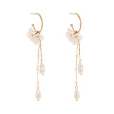 Flawlessly finish your look with these artistic drop earrings dangling with pearl beads in a rich 18k gold-plated setting for maximum shine. 0.83" W x 3.54" L 18k gold-plated copper / acrylic / pearl Spring Pearl Drop Gold Jewelry, Spring Gold Jewelry With Pearl Drop, Gold Pearl Drop Earrings For Spring, Spring Pearl Drop Gold Earrings, Spring Gold Pearl Drop Earrings, Elegant Dangle Hoop Earrings For Spring, Elegant Gold Flower Earrings With Dangling Beads, Elegant Flower-shaped Earrings With Dangling Beads, Pearl Flower Dangle Earrings For Pierced Ears