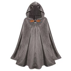 a hooded cloak with a hood and belt on the chest, in grey velvet fabric