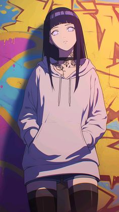 an anime character standing in front of a graffiti wall with her hands on her hips