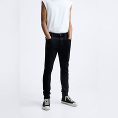 Skinny Jeans, Five Pocket, Front Zip To Button Closure. Black. Size 31 Everyday Black Bottoms With Button Closure, Edgy Fitted Everyday Bottoms, Edgy Fitted Bottoms For Everyday, Fitted Black Jeans For Everyday, Classic Black Bottoms With Button Zip Fly, Fitted Zara Bottoms For Everyday, Fitted Everyday Zara Bottoms, Edgy Black Bottoms For Everyday, Edgy Black Everyday Bottoms