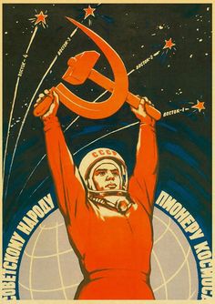 an old propaganda poster shows a man holding up the hammer and sick star above his head