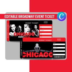 the chicago event ticket is displayed on a red and white background with an image of two women