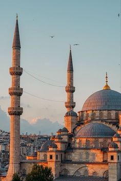 two tall buildings with domes on top of them in front of a cityscape