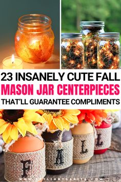 fall mason jar centerpieces Fall Mason Jar With Fairy Lights, Mason Jar Fall Decor, Mason Jar Center, Jar Magic