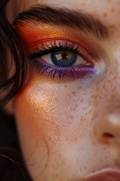 Flower Beauty Desert Lights Palette, Pretty Halloween Face Makeup, Fun Colorful Eye Makeup, Orange Eye Shadow Looks, Orange Mermaid Makeup, Bonnaroo Makeup, Orange And Purple Eyeshadow, Sunrise Makeup Looks, Maximalist Eye Makeup