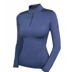 a women's blue top with zippers on the chest and long sleeves,