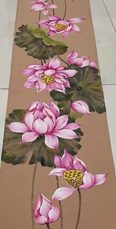 a painting of pink flowers on a tan background