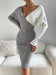 Two Tone Cuff Rib-knit Cut Out Back Sweater Dress | SHEIN USA Elegant Long Sleeve Knitted Sweater Dress, Elegant Gray Sweater Dress For Fall, Gray Long Sleeve Ribbed Sweater Dress, Chic Knitted Long Sleeve Sweater Dress, Chic Long Sleeve Knitted Sweater Dress, Gray Long-sleeved Knitted Sweater Dress, Cut Out Dresses, Midi Sweater Dress, Bodycon Sweater Dress