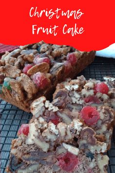 christmas fruit cake on a cooling rack with text overlay