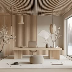 Japandi Home Office Tropical Home Office, Japandi Office Design, Light Wood Ceiling, Japandi Home Office, Wooden Office Furniture, Wooden Paneling, Japandi House, Estilo Japandi, Japandi Living Room