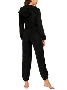 Zip Up Fleece Lounge Jumpsuit Cozy Solid Onesie For Winter, Cozy Solid Color Onesie For Winter, Casual Solid Onesie For Fall, Black Fitted Onesie For Loungewear, Casual Black Onesie For Loungewear, Casual Winter Loungewear Jumpsuits And Rompers, Black Hooded Onesie For Loungewear, Fitted Winter Onesie For Loungewear, Cozy Winter Loungewear Jumpsuits And Rompers