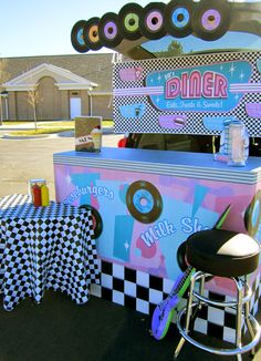 Decades Trunk Or Treat, I Love Lucy Trunk Or Treat, 1950 Diner Decor, Grease Halloween Decorations, Grease Themed Trunk Or Treat, 1950s Trunk Or Treat, Trunk Or Treat 50s Theme, Grease Trunk Or Treat, Grease Trunk Or Treat Theme