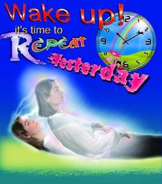 a woman laying on the ground next to a clock with words wake up it's time to repair saturday