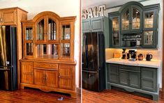 two pictures side by side one has green cabinets and the other has black appliances