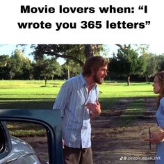 a man standing next to a woman in front of a car with the words movie lovers when i wrote you 35 letters