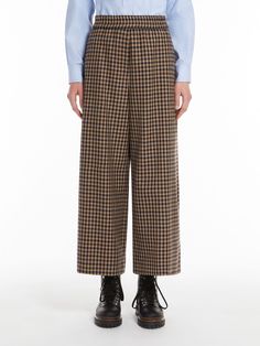 Brown Cropped Leg Pants For Work, Brown Cropped Leg Bottoms For Workwear, Winter Wool A-line Bottoms, Brown Cropped Leg Workwear Bottoms, Brown Cropped Leg Work Pants, Casual Brown Wool Bottoms, Brown Wool Bottoms With Belt Loops, Luxury Wool Pants, High-waisted Wool Pants In Brown