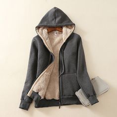 Fleece Sherpa Lined Solid Color Hooded Jacket - SweatshirtsHoodies.com Pakistani Rupees, Womens Hooded Coat, Hoodies For Girls, Womens Sweatshirts Hoods, Plus Size Coats, Casual Jackets, Hoodie Material, Winter Coats Women, Hooded Coat