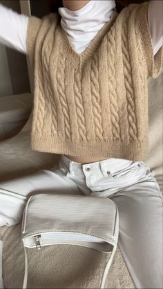 Knit Outfit Aesthetic, Knitted Shirt Outfit, Beige Sweater Vest Outfit, Sweatervest Aesthetic Outfits Women, Trendy Beige Knitted Sweater Vest, Trendy Beige Knit Vest, Fall Outfits Basic, Beige Knitted Winter Vest, Chic Beige Knit Vest