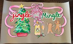 a drawing of a christmas tree and gingerbreads with the words jungle mingle next to it