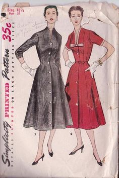 S4489; 1950's Slim-Line Dress 41" bust, Original Simplicity 4489 ‘Princess line and front button closing are featured. View 1, buttoned to hemline, has notched neckline. Sleeves are three-quarter length. View 2 has contrasting neck trim and bow. Short sleeves are finished with contrast. Self fabric or purchased belt is worn.’ Size: Size 18-1/2 fits 37" bust, 32" waist, 41" hip. 50s Patterns, Pinched Waist, 1950s Dress Patterns, 1900's Fashion, Toddler Girl Dresses Summer, Women's Sewing Patterns, 1950s Sewing Patterns, Girls Spring Dresses, Fashion Reference