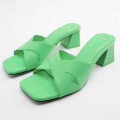 Genuine Zara New With Tag Material: Vegan Leather Color: Bright Green Block Heel Sandals With Crisscross Straps. Heel Height About 2.5 Inches. Great Shoes For Warm Seasons, Euro Size 37(6.5), 41(10) Casual Green Square Toe Sandals, Summer Party Sandals With Cross Strap, Green Sandals With Padded Heel, Spring Beach Heels With Cross Strap, Chic Zara Mules For Summer, Zara Closed Toe Mules For Summer, Zara High Heel Mules For Spring, Summer Sandals With Wrapped Heel And Cross Strap, Trendy Cross Strap Summer Heels