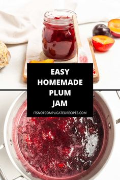 homemade plum jam in a glass jar on top of a table