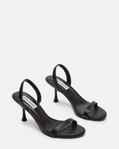 ELMA Black Leather Slingback Strappy Kitten Heel | Women's Heels – Steve Madden Kitten Heels Outfit, Bridesmaids Heels, Steve Madden Flats, Black Strap Heels, Timeless Shoes, Black Kitten Heels, Heels Outfits, Kitten Heel Sandals, Fancy Shoes