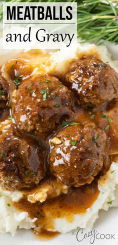 meatballs and gravy on top of mashed potatoes