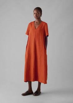 Garment Dyed Linen V-Neck Dress | Rooibos Red Orange Linen Dress, Toast Clothing, Organic Fabric, Easy Shape, Dress Linen, Mens Loungewear, Dyed Linen, Loungewear Women, Women Nightwear