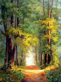 an oil painting of a path in the woods with trees on either side and sunlight coming through