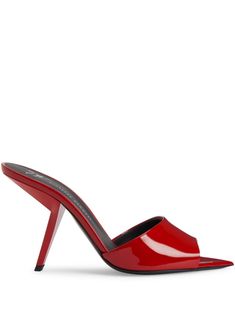 red calf leather patent finish peep toe pointed toe slip-on style branded leather insole leather sole high sculpted heel Grunge Chic, Heels Aesthetic, Giuseppe Zanotti Shoes, Fancy Shoes, Shoe Inspo, Slipper Sandals, Leather Mules, Dream Shoes, Mule Clogs