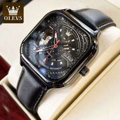 Automatic Mechanical Waterproof Watch Luxury OLEVS Skeleton Strap Men's Men Elegant Black Wear-resistant Watch, Classic Black Wear-resistant Watch, Black Chronograph Watch With Rectangular Dial, Black Watch Accessory With Skeleton Rectangular Dial, Black Watch Accessory With Skeleton Dial, Black Rectangular Skeleton Dial Watch Accessories, Black Wear-resistant Watch With Rectangular Dial, Watch Luxury, Waterproof Watch