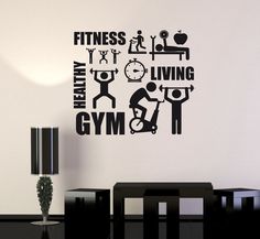 a wall decal with the words gym and people doing different things in black on it