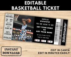 a basketball ticket is shown on a wooden background with the words, edit in minutes easily