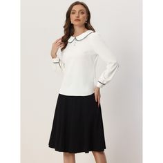 Introducing the perfect addition to your wardrobe - the Peter Pan Collar Work Shirt. This blouse features a classic Peter Pan collar that exudes sophistication and femininity, making it a timeless piece that can be worn for years to come. The button decor and button sleeve cuff add a touch of elegance, while the button back and keyhole back make it easy to wear. This versatile blouse can be paired with either a skirt or pants, making it a perfect choice for any work environment. Don't miss out o Classic Tops With Contrast Collar For Work, Classic Workwear Tops With Contrast Collar, Elegant Workwear Blouse With Peter Pan Collar, Elegant White Top With Contrast Collar, Peter Pan Collar Blouse For Work, Classic Blouse With Peter Pan Collar For Office, Classic Office Blouse With Peter Pan Collar, Classic Workwear Blouse With Peter Pan Collar, Classic Tops With Peter Pan Collar For Office