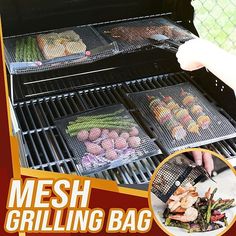 the grill is full of grilled vegetables and meats with mesh bags over them