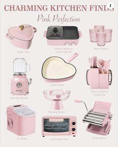 Pink Kitchen Appliances, Pink Apartment, Pink Kitchen Decor, Cooking Aesthetic, Strawberry Kitchen, Girly Apartments, Girly Apartment Decor, Kitchenware Set, Charming Kitchen