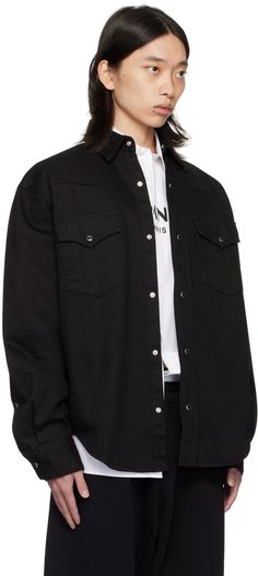 Heavyweight non-stretch denim shirt. · Spread collar · Press-stud closure · Flap pockets at chest · Shirttail hem · Single-button barrel cuffs Supplier color: Black Oversized Denim Shirt, Faded Denim, Pocket Shirt, Press Studs, Denim Shirt, Flap Pocket, Stretch Denim, Short Sleeve Shirt, Black Men