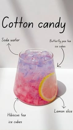 a pink and purple drink with labels on the side that says cotton candy, soda water, butterfly pea tea cubes, lemon slice ice cubes