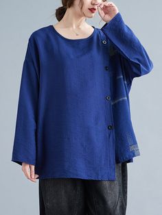 Sku CY-!89399 Material >70%Cotton Style Loose , Long Sleeves Feature Buttoned , Asymmetric Neckline Round-neck Occasion Casual , Simple , Vintage Seasons Spring , Autumn Type T-Shirts Tops Color BLACK,ROYAL BLUE,SKY BLUE Size FREE SIZE Please consult the size chart we provide for this item's measurements to help you decide which size to buy.Please note: There may be 1-3cm differ due to manual measurement.CMINCH Bust Shoulder Sleeve Top Length FREE SIZE 138 63 42 64-70 Blue T-shirt For Spring Layering, Casual Blue Tops With Asymmetrical Hem, Casual Blue Top With Asymmetrical Hem, Blue Tops For Layering, Blue Asymmetrical Hem Blouse For Fall, Casual Blue Asymmetrical Top, Blue Lagenlook Tops With Relaxed Fit, Blue Lagenlook Top With Short Sleeves, Blue Short Sleeve Lagenlook Top