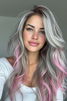 Long Grey Hair, Long Silver Hair, Pink Streaks, Diy Hair Color, Hair Color Pink, Haircut And Color, Hair Makeover