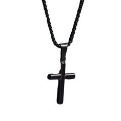 Men's Cross Necklace Back Stainless Steel Medium Cross on Venetian Round Box Chain Chain: 2mm Venetian Round Box. 22" Chain: Black Powder Coated 316L Stainless Steel Pendant: 15mm x 25mm Pendant: Black Powder Coated 316L Stainless Steel Clasp: Lobster Made in United States Black Cross Necklace With Box Chain, Black Stainless Steel Chain Necklace As Gift, Black Stainless Steel Chain Necklace For Gifts, Black Spiritual Chain Necklace, Spiritual Black Chain Necklaces, Spiritual Black Chain Necklace, Black Cross Pendant Chain Necklace, Black Cross Necklace With Chain As Gift, Gift Black Cross Necklace With Chain