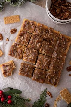 homemade pecan bars cut into squares and placed on wax paper next to christmas greenery