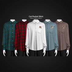 four different colored shirts on mannequins with text that reads cat pocket shirt