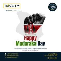 a poster with the words happy madaraka day written in red, white and green