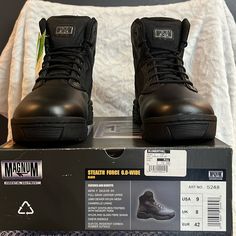 Brand New Magnum Stealth Force, Men’s Black Leather Tactical Boots, Shaft 6 Inch High, Size 9 Wide, Full Grain Leather Upper, 1680 Denier Nylon Mesh, Cambrelle Lining, M-Pact Contoured Footbed With Memory Foam, Nylon And Glass Fibre Shank, Cmeva Midsole, Slip/Oil Resistant Carbon Rubber Outsole. Black Impact Resistant Boots For Streetwear, Black Impact-resistant Boots For Streetwear, Tactical Shock Resistant Boots For Outdoor Work, Black Functional Combat Boots For Outdoor Work, Durable Black Hiking Boots, Black Rugged Work Boots With Shock Resistance, Black Impact Resistant Combat Boots, Shock Resistant Black Leather Work Boots, Rugged Black Shock Resistant Work Boots