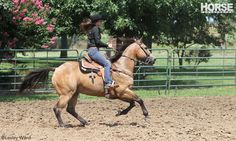 a woman riding on the back of a brown horse